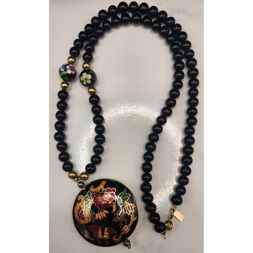 Vintage Double Sided Cloisonne Butterfly Floral Black Beaded Pendant Necklace